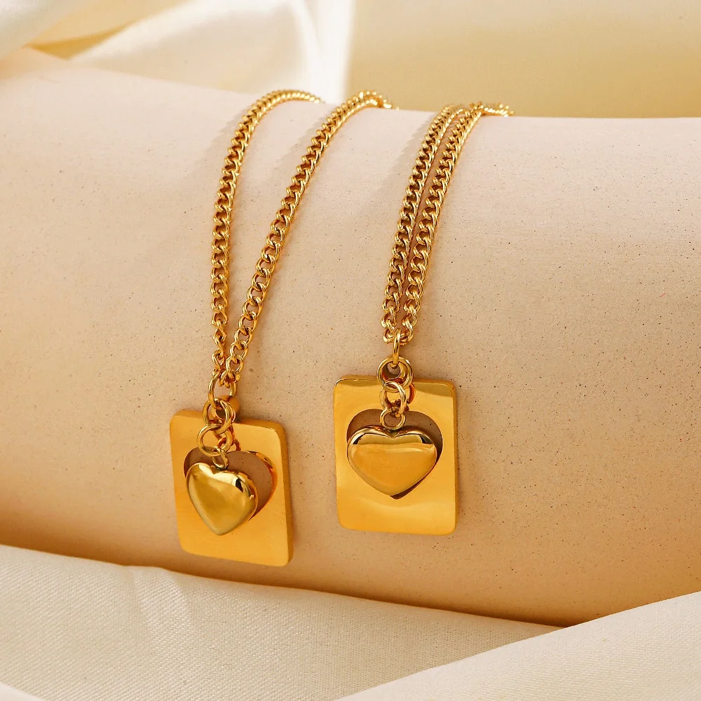 18k Gold Plated Heart Pendant Necklace For Women Gift Square Necklace Fashion Simple Fine Necklace Stainless Steel Jewelry