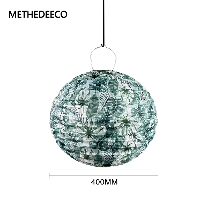 Methedeeco Customize Printing  Green  Leaf Fabric Solar Wall Lamp Outdoor Green Lantern