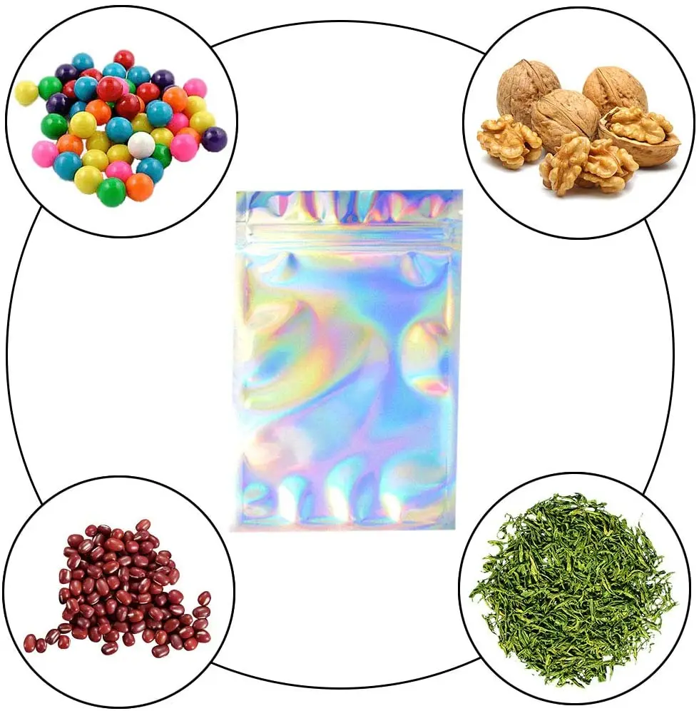 
Rainbow Color Holographic Mylar Bag Smell Proof Resealable Ziplock Packaging Bag for Food Storage 