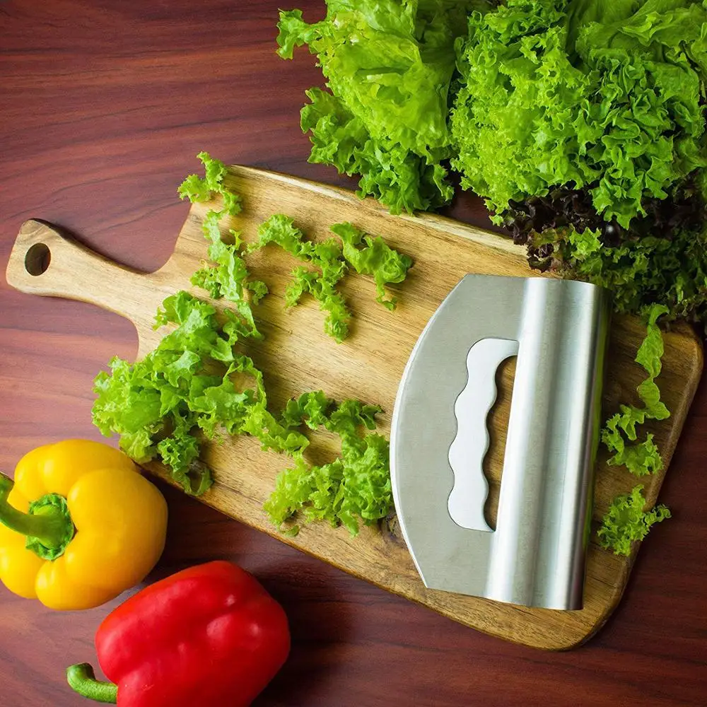 Double Blade-Stainless Steel Mezzaluna Salad Chopper With Protective Cover