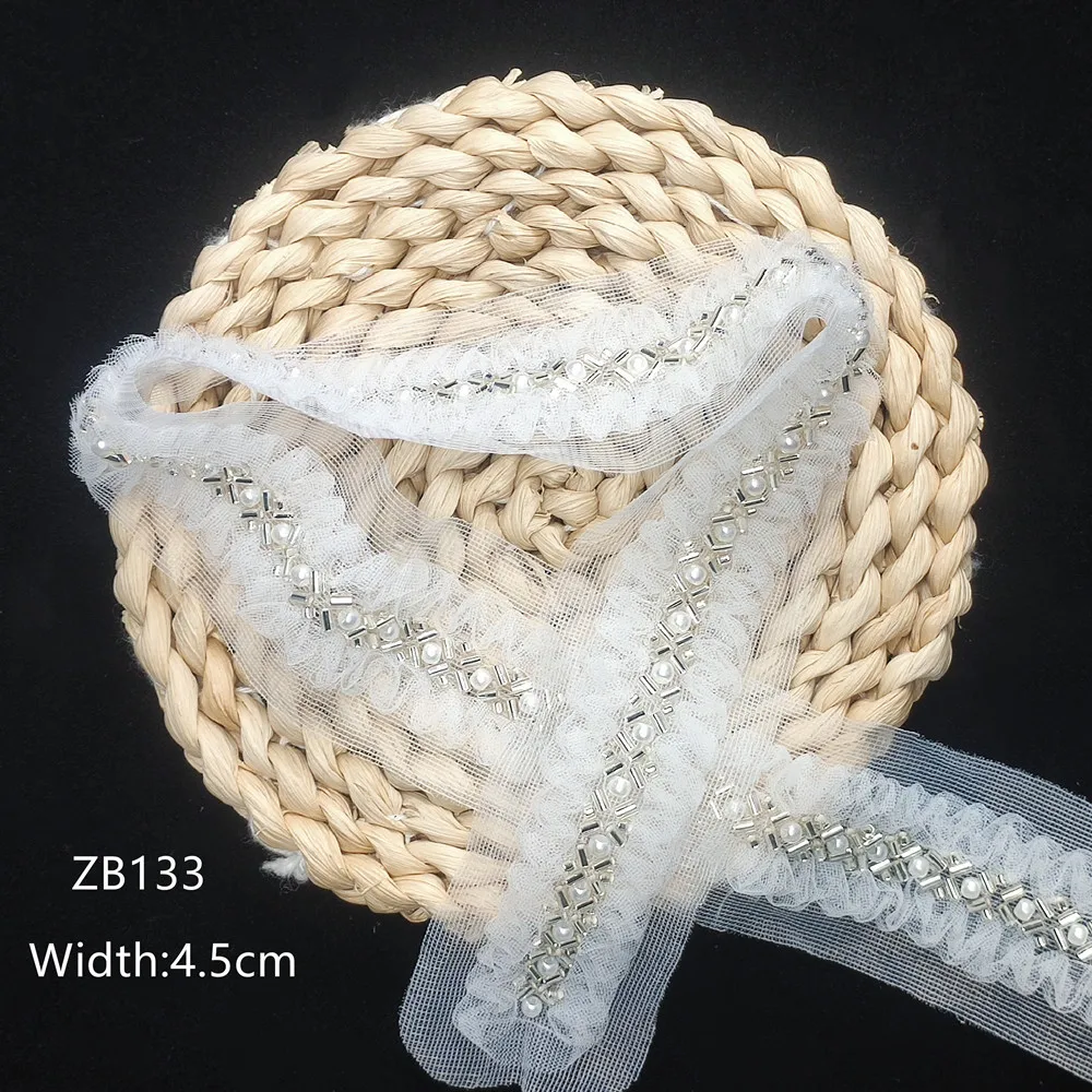 wholesale 3D embroidery tulle lace trimming with beads white sewing Lace ribbon for Bridal wedding dresses Evening Gown clothing