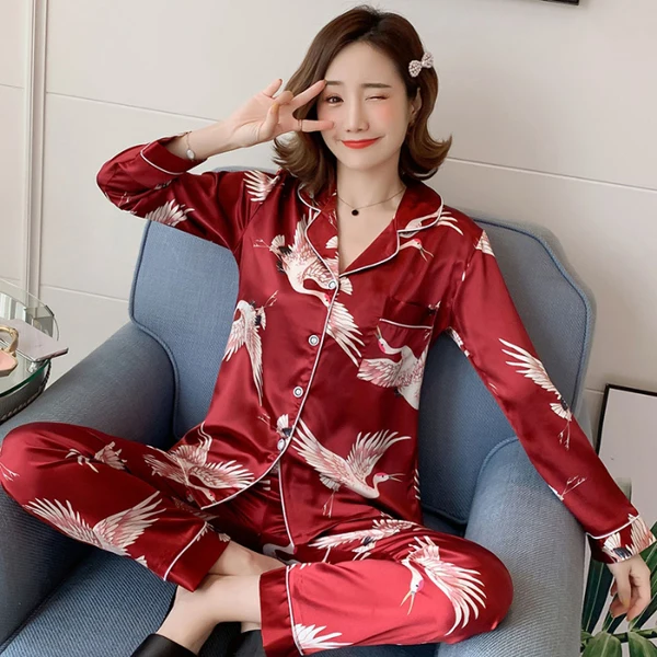 
Pajamas women spring and autumn long-sleeved ice silk two-piece suit thin home service 