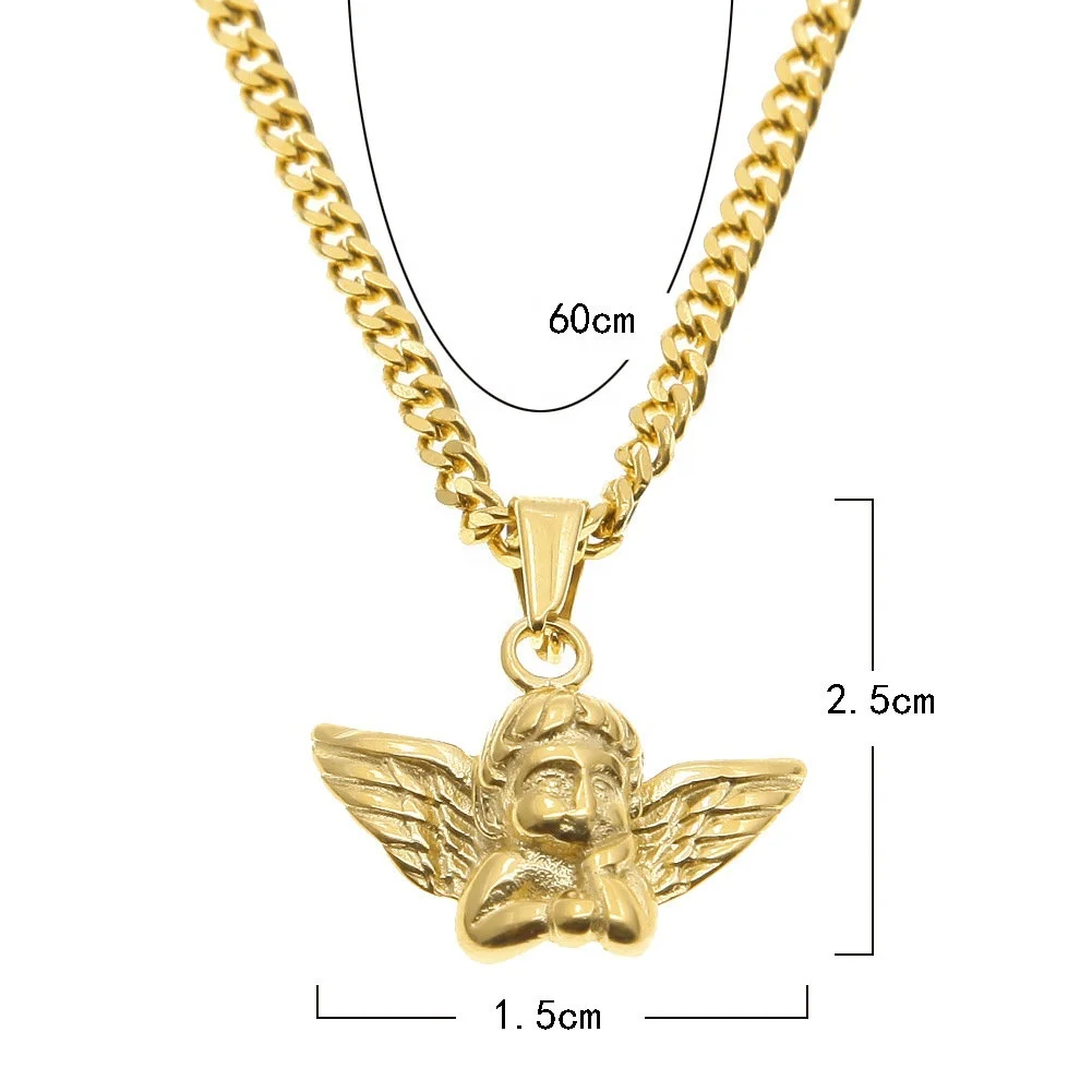 Fashion Hip Hop Men Necklace Stainless Steel 3mm Cuban Link Chain Copper with Gold Plated baby Angel with wingPendant Necklace