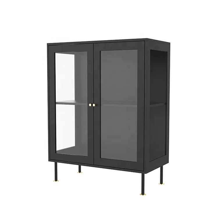 Kitchen Sideboard Modern Metal Black Wooden Living Room Office Book Storage Glass Cabinets