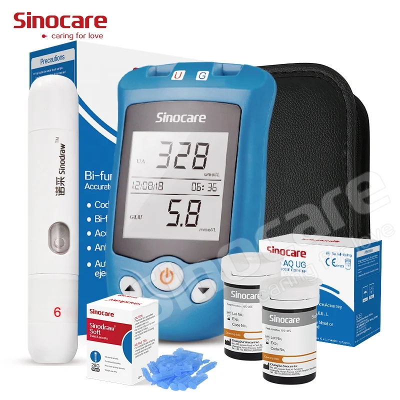 Многофункциональный измеритель уровня глюкозы в крови и мочевой кислоты Sinocare Safe AQ UG, для 100 шт. тест-полосок и ланцетов