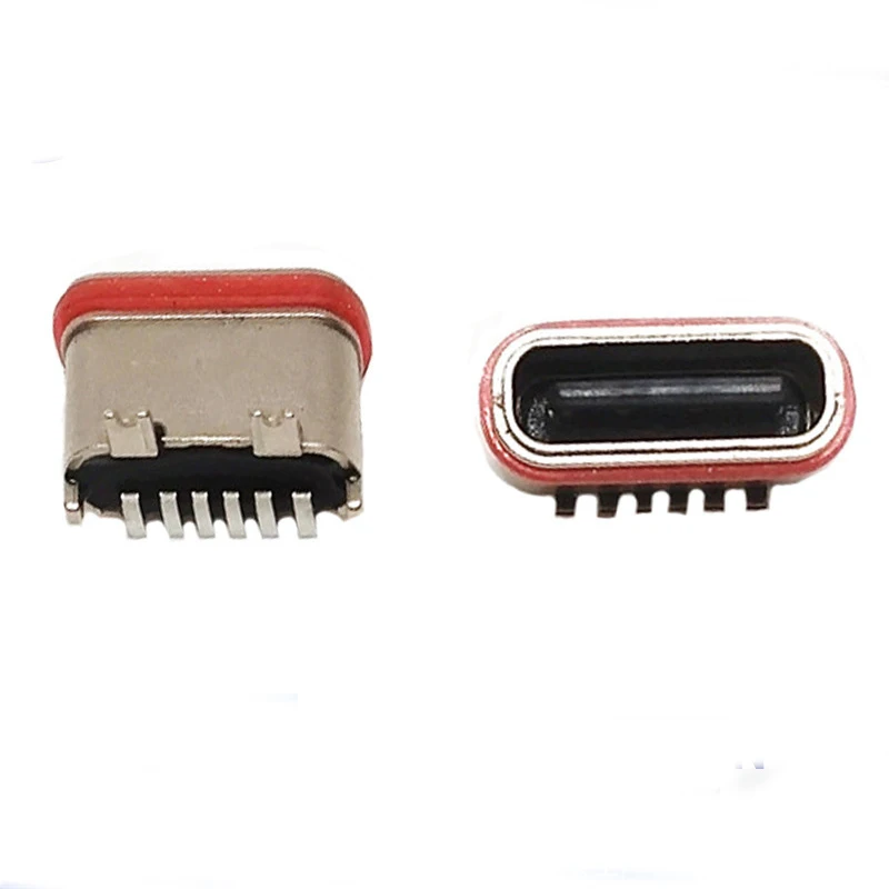 USB TYPE-C female connector 6P Vertical SMD Waterproof sealing on the pcb board  type-c-6pin with red waterproof circle