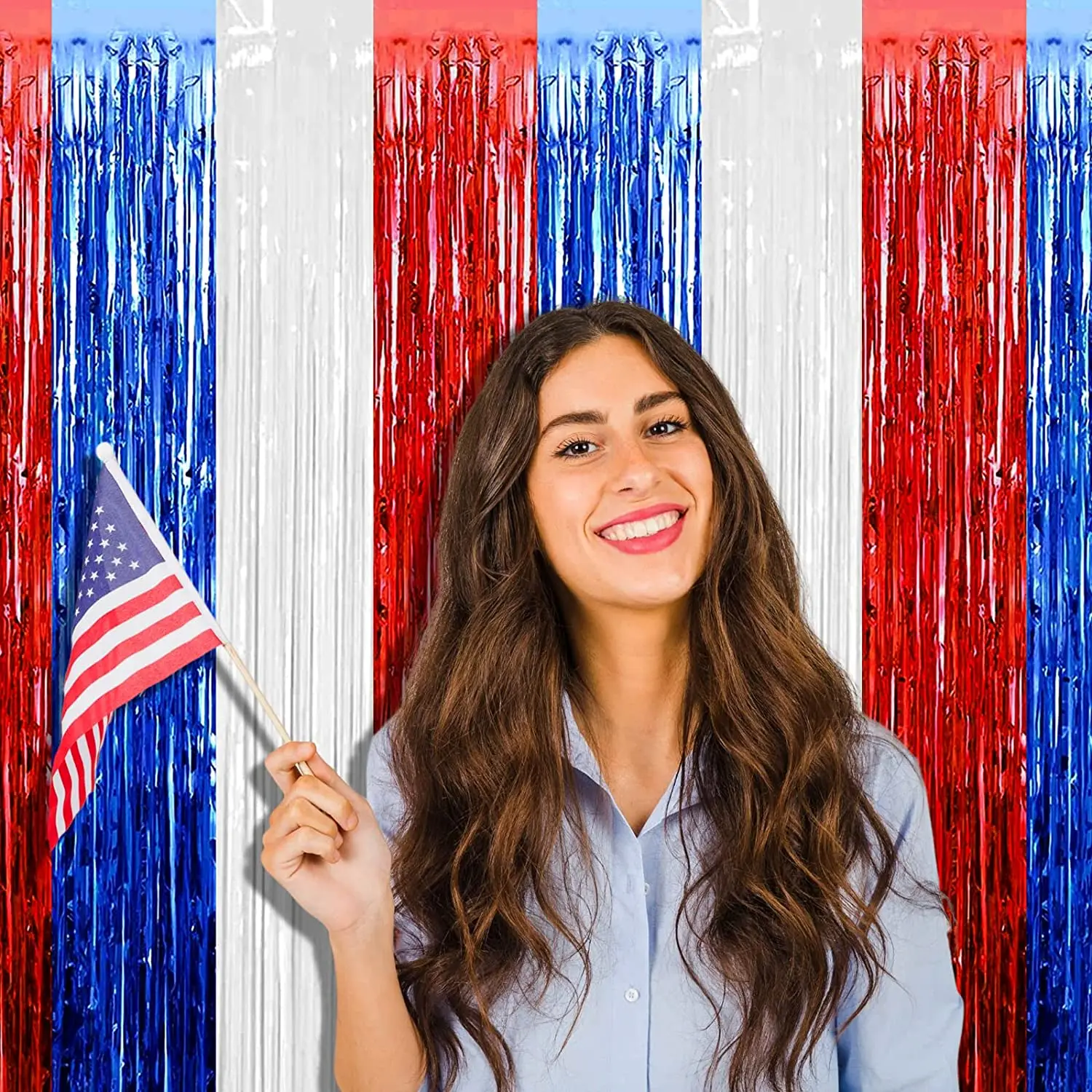 Red Blue White Foil Fringe Curtain Backdrop, Metallic Tinsel Foil Fringe Streamers Curtains for Photo Booth