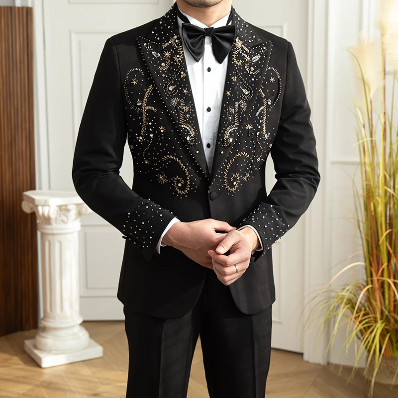 Tailor Made Rhinestone Shining Double Breasted Wedding Suit For MenGroom Luxury Prom Tuxedo Best Man Wedding Party Tuxedo