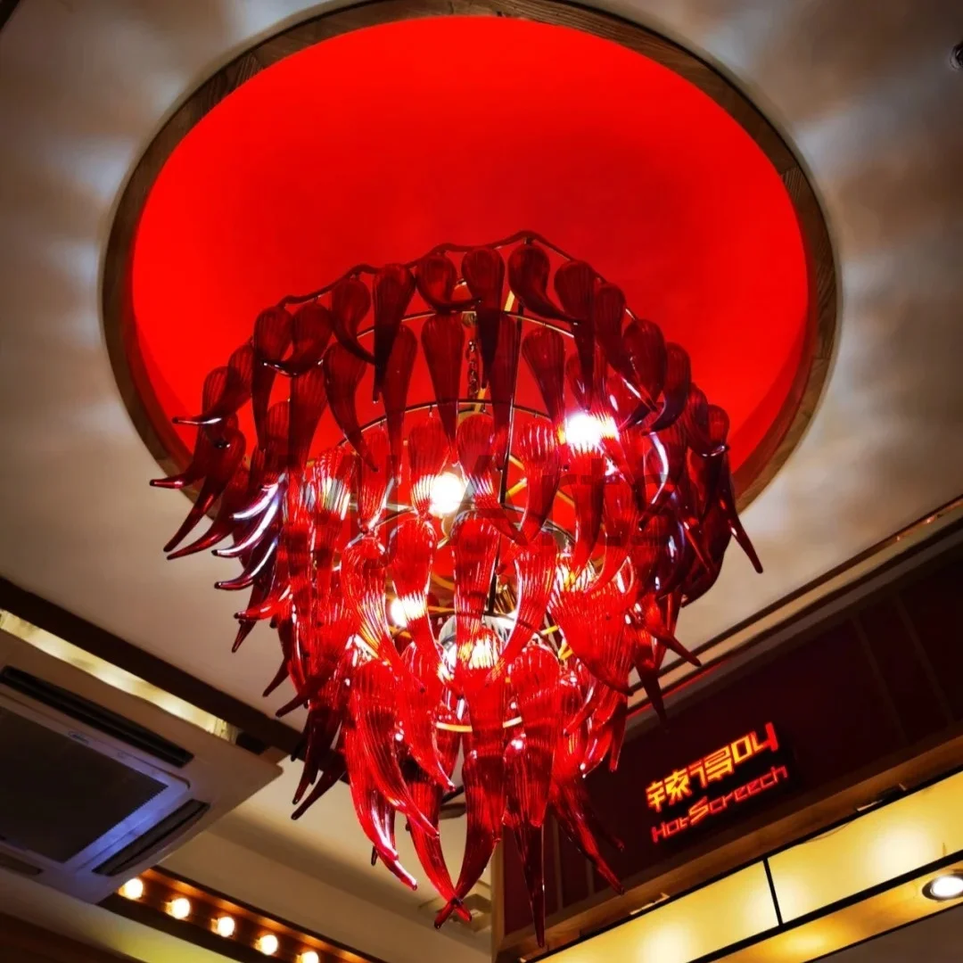 Hand Blown Art decoration hot pot restaurant lighting pepper design glass pieces unique handmade red glass art chandelier