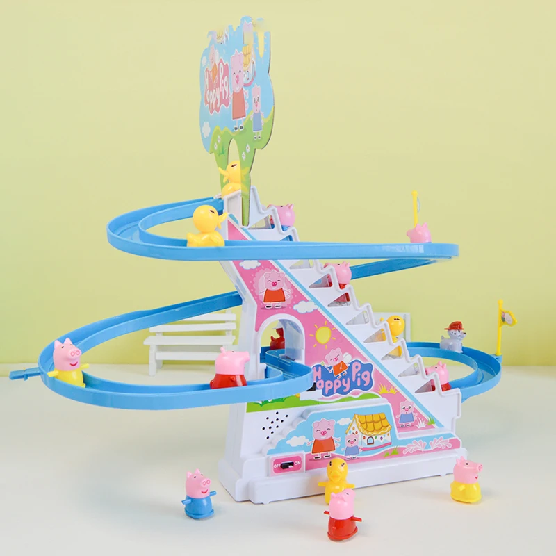Electric Track Piggy Climbing Stairs Toys with Music Light Slide the Game Match