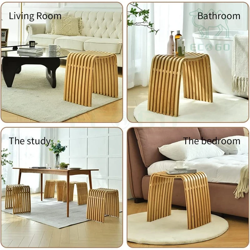 Leisure Natural Bamboo Shower Seat Reusable Shower Stool For Bathroom Well-Designed Changing Shoe Wooden Stool