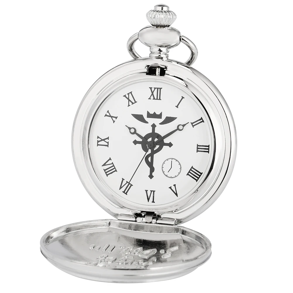 Anime Cosplay Necklace Pendant Chain Clock Reloj Edward Elric Roman Numerals Dial Fullmetal Alchemist Silver Quartz Pocket Watch