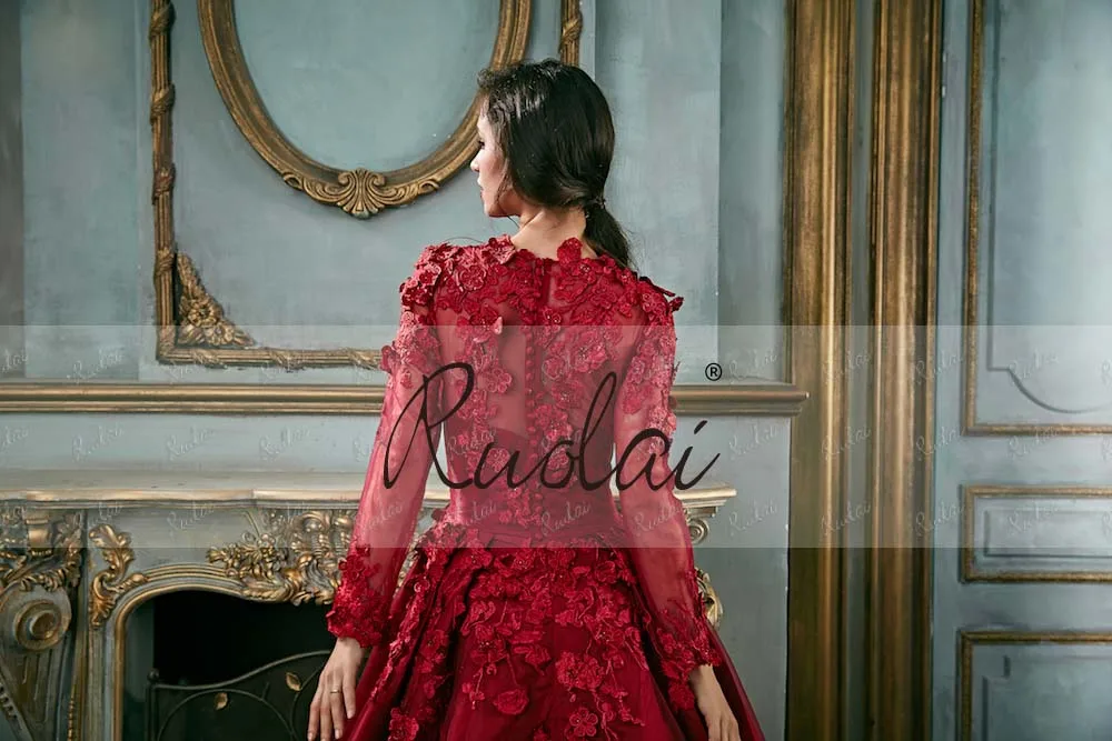 RUOLAI PEV-L3052 Modest Long Sleeve 3D Floral Appliqued Beaded Lace Satin Red Long Evening Gowns Dresses