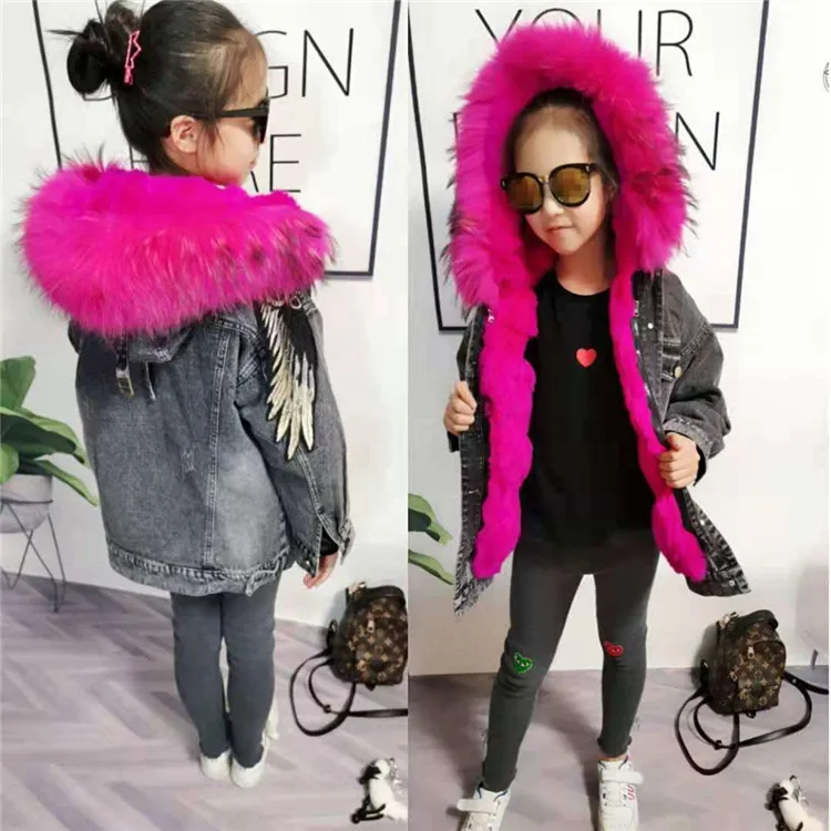 2020 Fashion Fox Rabbit Fur Kids Parka Hood Detachable Kids Winter Fur Collar Kids Coats
