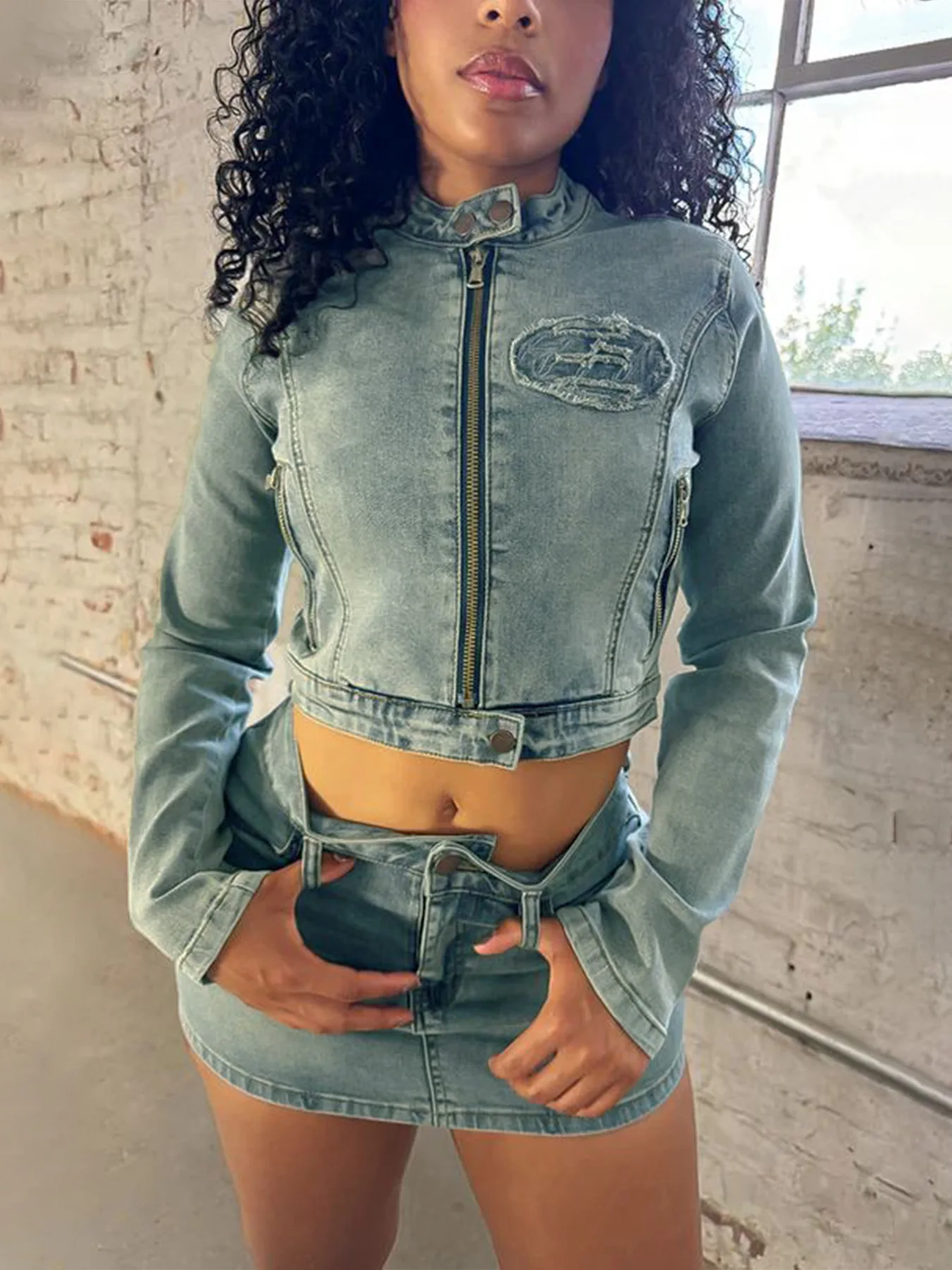 2024 fall ready to ship long sleeve denim jeans two piece jackets and skirt set