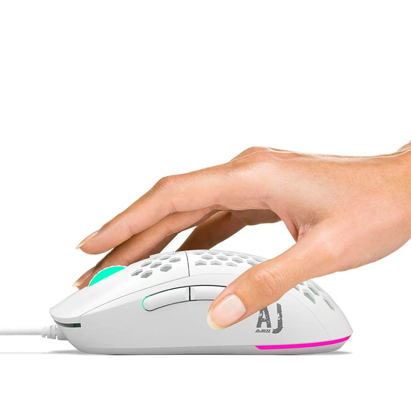 Ajazz AJ380R Ergonomic Wired Lightweight USB Optical 12400DPI PAW3327 OEM Custom Design Gaming Mouse White