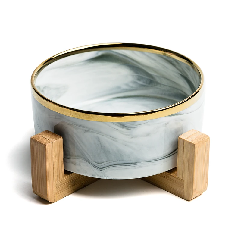 Jade-cer Wholesale Marbling Ceramic Pet Dog Cat Food And Water Bowl With Wooden Frame Stand