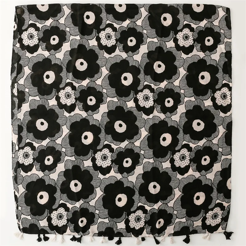 Autumn Thick Warm Black Flower Viscose Cotton Printed Scarf Indoor Shawl Muslim Women Head Wraps Dubai Arab Hijab Scarves