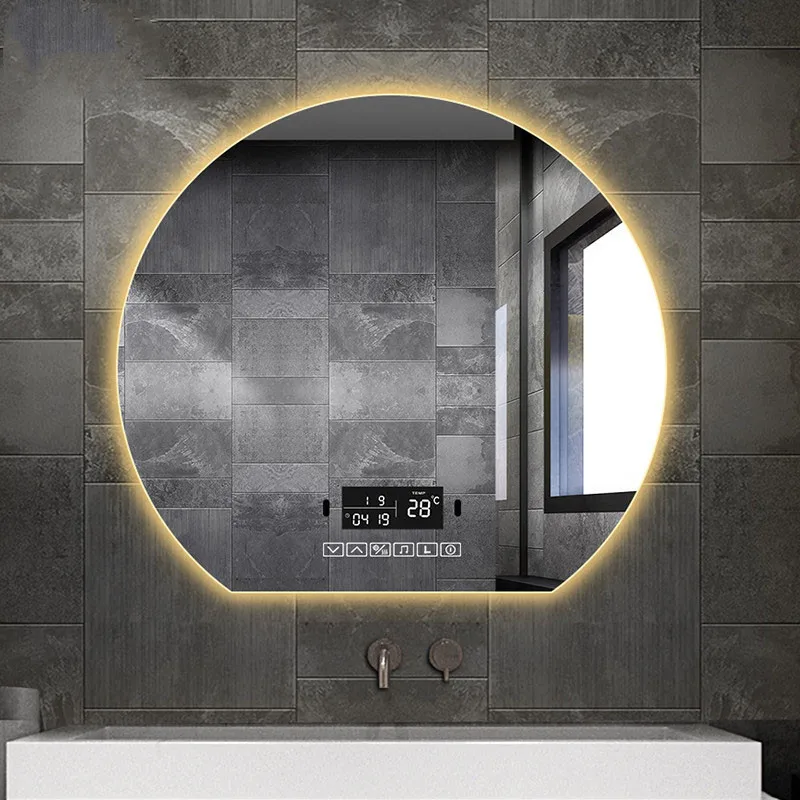 Custom LED Makeup Mirrors Bedroom Anti Fog With Touch Screen Smart Dimming Lights For Bathroom Irregular Half Round Led Mirror