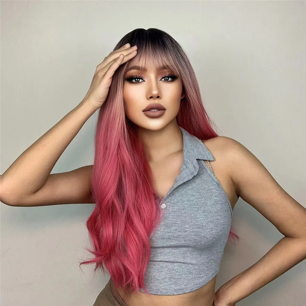 Wholesale Price Cosplay Synthetic Wigs Long Dark Root Ombre Pink Synthetic Wigs