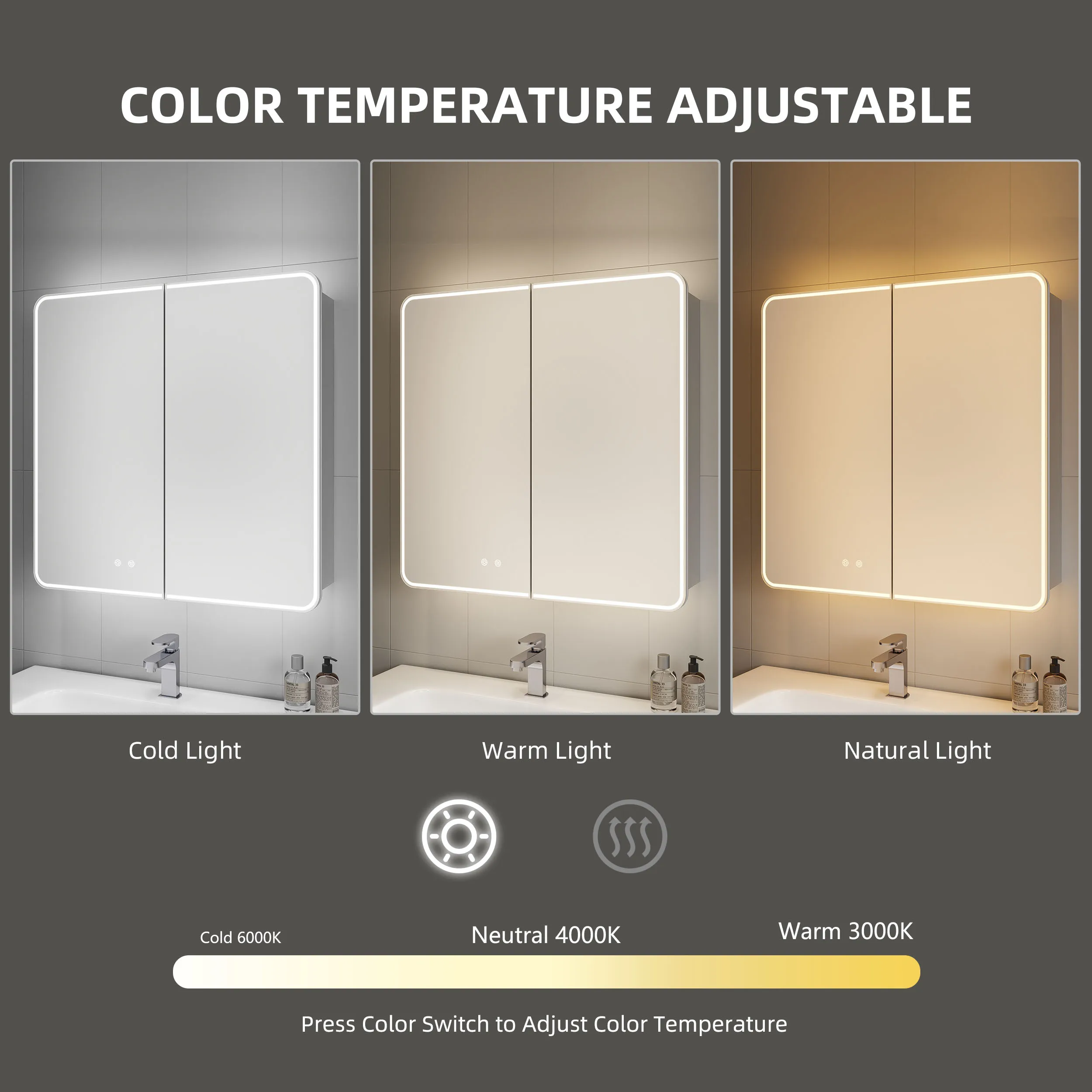 Modern 800mm Smart Touch Surface Mount Frontlit Anti Fog Washroom Medicine Toilet Led Lights 2 Door Mirror With Cabinet Bathroom