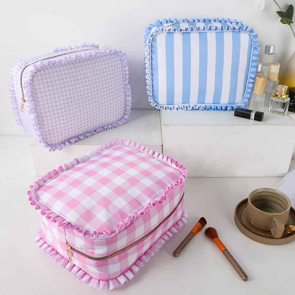 Gingham Ruffle Customized Make Up Toiletries Bag Wholesale Travel Bag Personalized Cosmetic Bag
