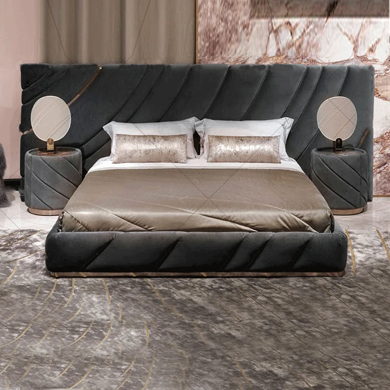 Итальянские современные новейшие дизайнерские кровати из мягкой кожи, размер King, 1,8 м, комплект двуспальной кровати, одеяло, мебель из искусственной кожи, Золотая легкая Роскошная спальня