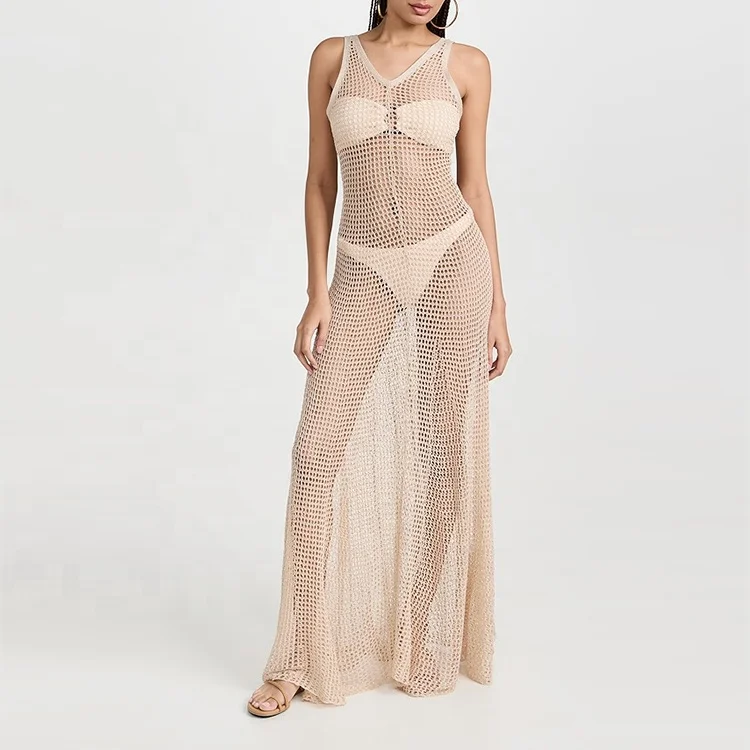 Knitwear manufacturer custom summer khaki crew neck sleeveless acrylic women seaside beach knit dress