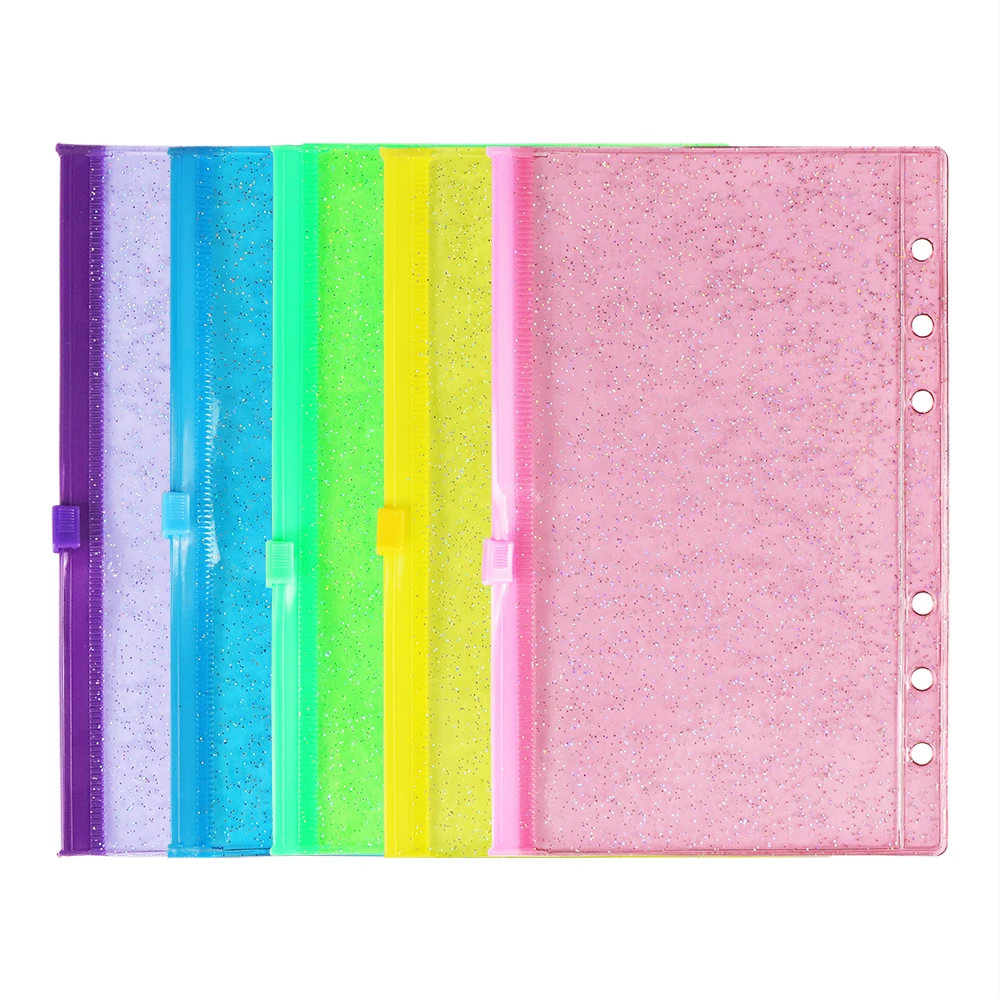A6 Zipper Pocket Clear Glitter Powder 6 Holes Plastic PVC Sleeve Transparent Sheet Protector Loose Leaf Binder Document Refills