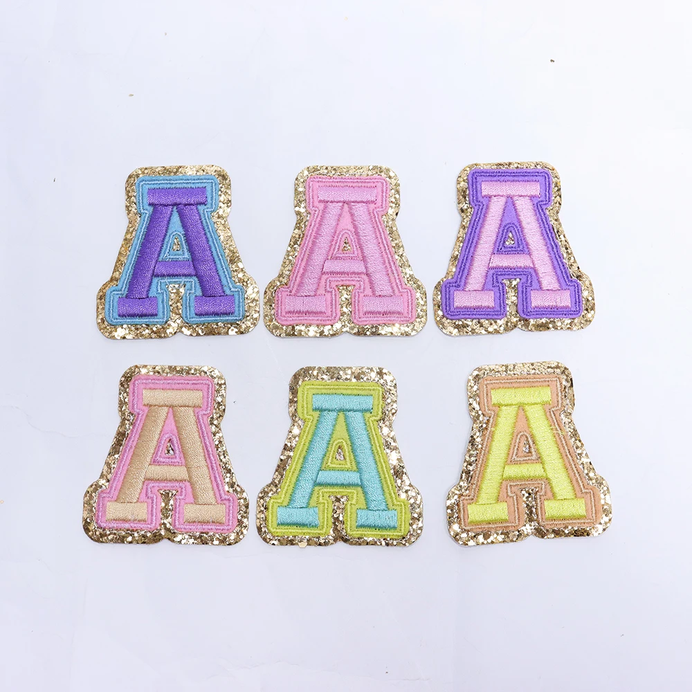 Keymay RTS Stock DIY Name Alphabet Patch Glitter Initial Patch Monogram Multicolor Letter Embroidery Self Adhesive Letter Patch