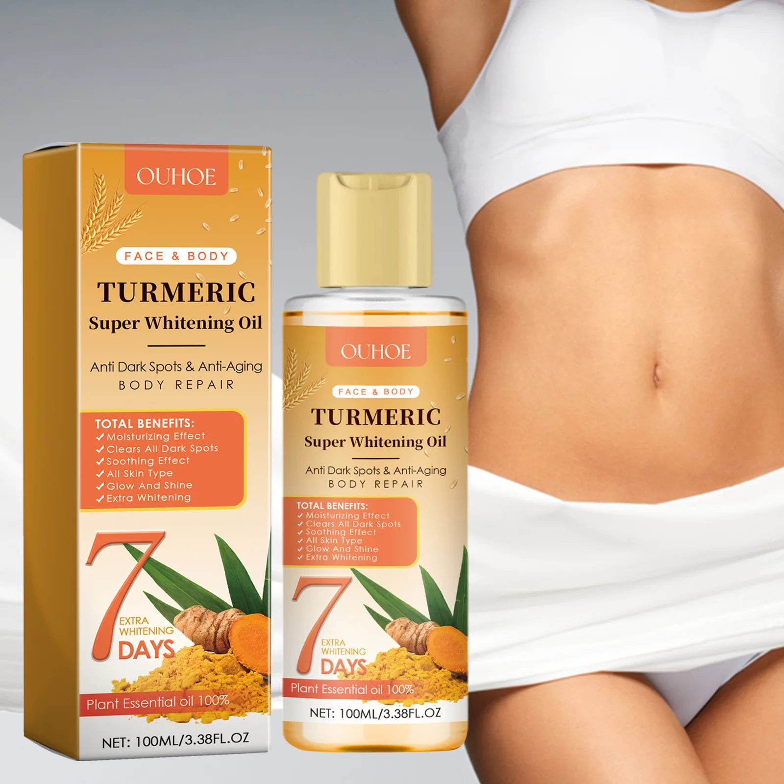 OUHOE 7 Days Skin Lightening Brightening Dark Spots Removal Whitening Oil Skin White Reducing Joint Blackness Turmeric Oil