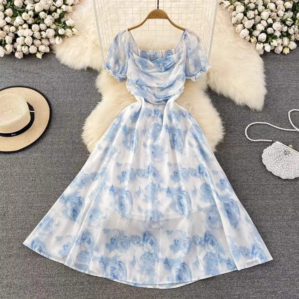 Wholesale summer ink painting printed loose sleeveless A-line fashionable design suspender dress for women