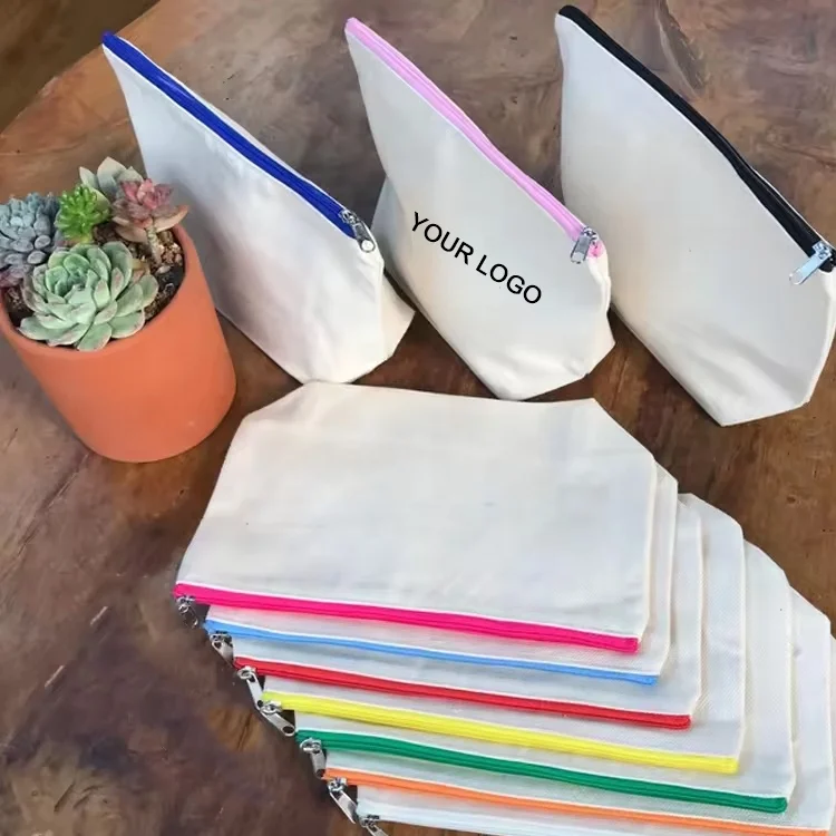 Custom Logo Printed Canvas Zipper Makeup Bag Luxury Cotton Small Canvas Coin Pouch Travel Cosmetic Bag Pencil Pouch