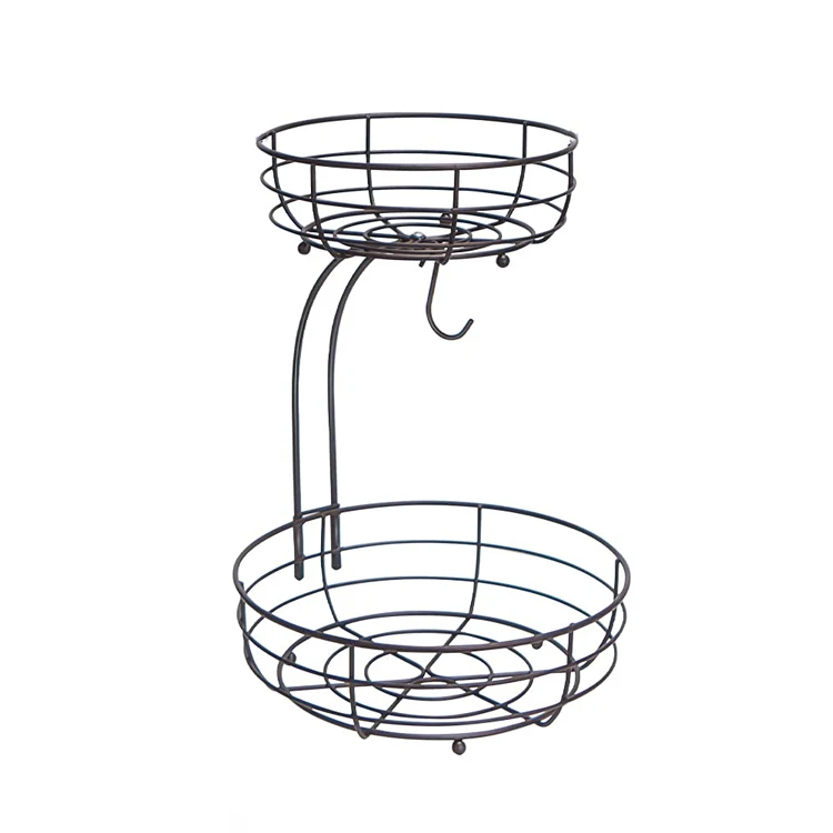 2-Tier Black Countertop  Vegetables Fruit Basket Bowl Storage Banana Holder With Banana Hanger