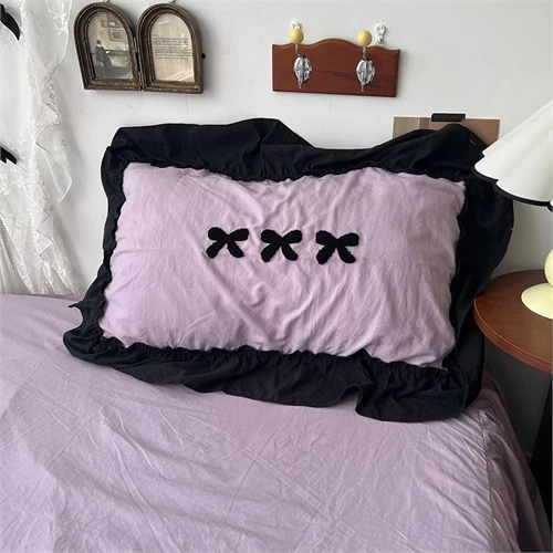 French Style Lace Bow Towel Embroidery Solid Color Washed Cotton Four Piece Set Bedding Set