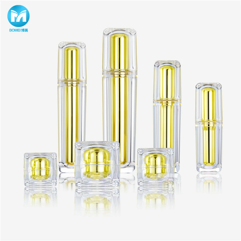 Double wall square gold acrylic cosmetics container plastic lotion bottle 100ml and cream jar