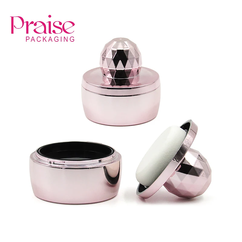Cosmetic wholesale cute round empty mini blush jar case container with sponge puff custom makeup plastic packaging