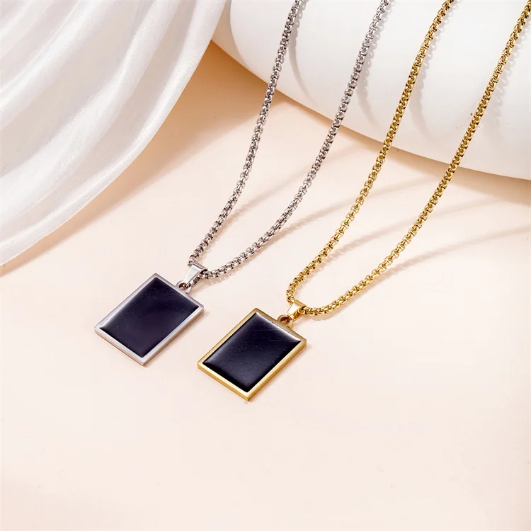 Hot Sale Fashion Jewelry Titanium Steel 18k Gold Geometric Pendant Sweater Chain Men Women Drip Oil Rectangular Necklace