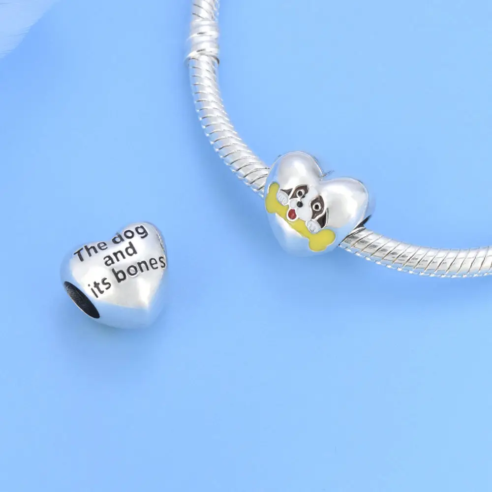 Customized Your Logo 925 Sterling Silver dog and its bone Heart Bead Charm For Bracelet Fashion DIY Women Jewelry making amulet