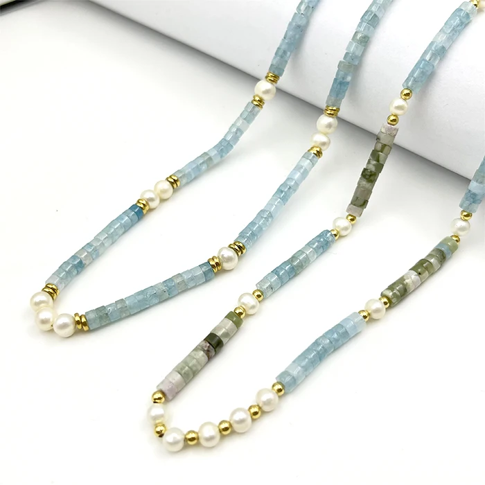 Handmade Fashion Jewelry Stainless steel Vintage Natural Blue Chalcedony Freshwater Pearl beads Chain Necklace for Women Girls
