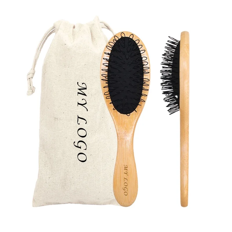 Custom logo private label natural bamboo handle nylon bristle hair extension tools detangling easy loop hair brush