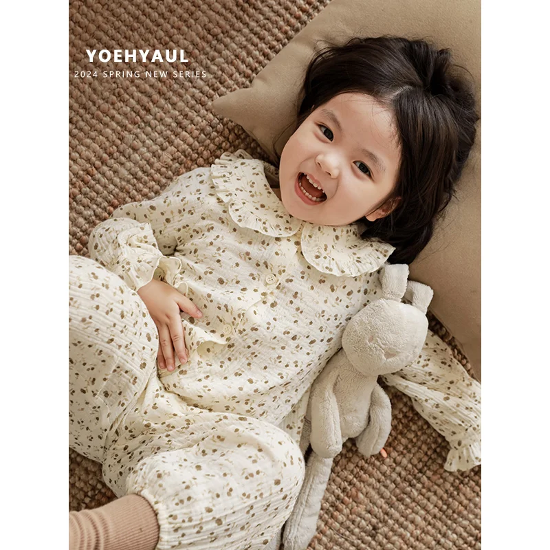 YOEHYAUL Fully Floral Printed Home Wear Long Sleeves Pajama Kids Loungewear Child Ruffled Peter Pan Collar Baby Pyjamas Cotton