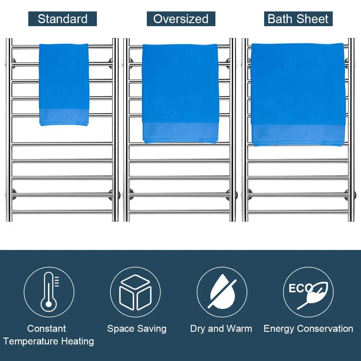 Bathroom wall heater Electric Heated Towel Rail Wall Mounted 304 Stainless Steel Heated Towel Warmer,11 Bars Drying Rack