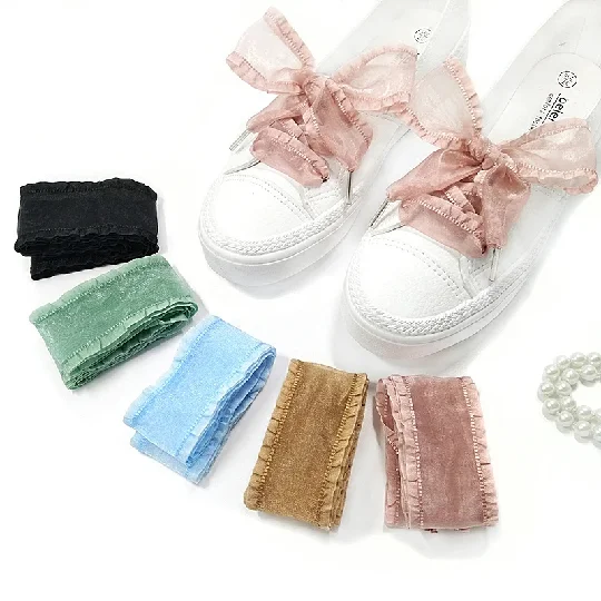 Olian 4 cm Widen Organza Frills Shoelaces 80/100/120/160 cm Length Bowknot Sneaker Black Sport Shoes White Shoes Laces