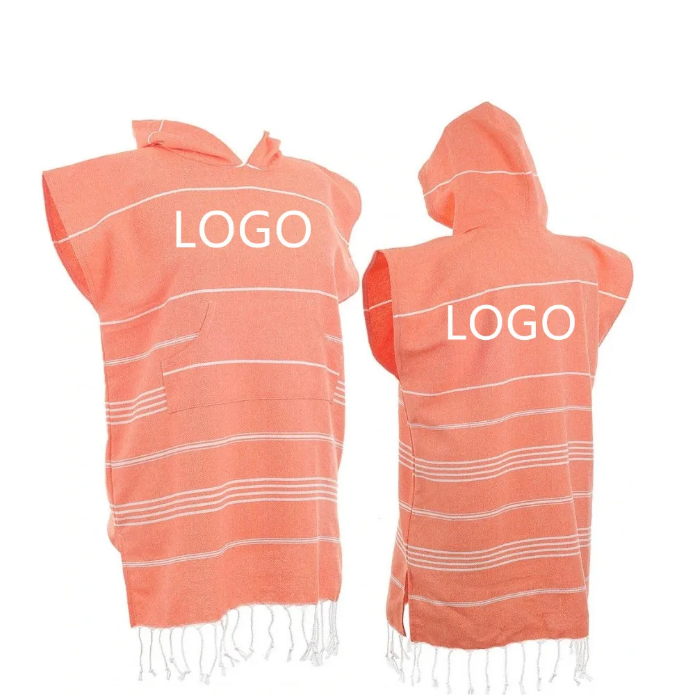 Wholesale Custom Design Logo Hooded Beach Robe 100% Cotton Turkish Surf Poncho Towel for Adults Striped Pattern for Swimming