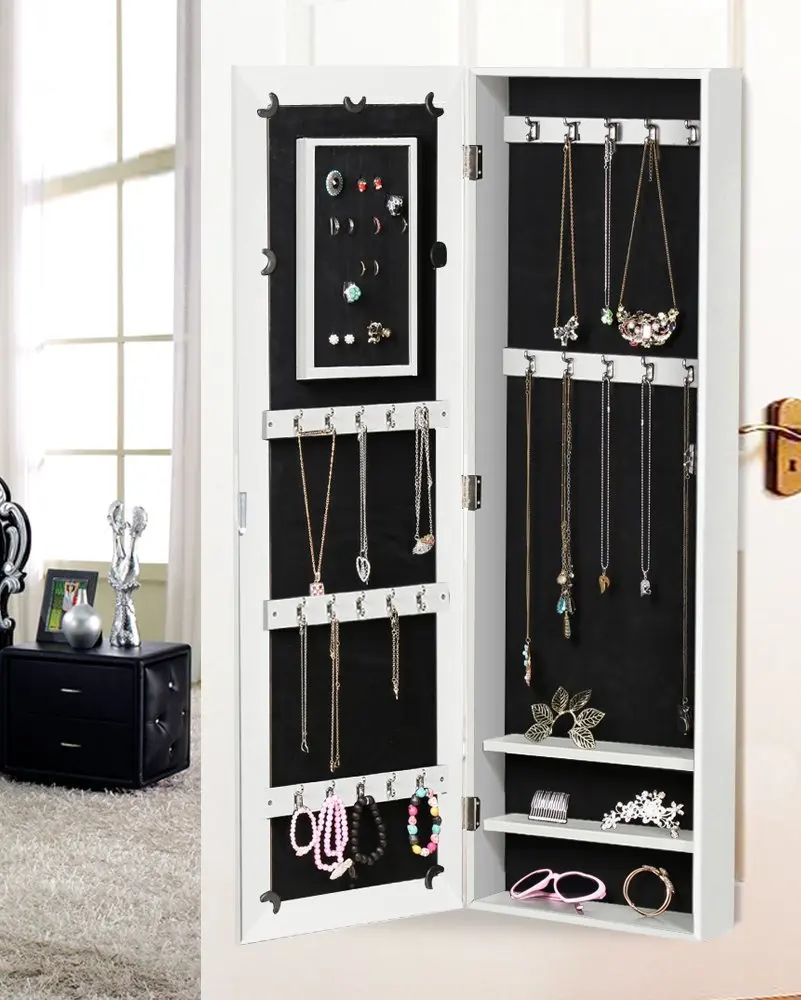 Lockable MDF wood full length hanging jewelry box organizer with mirror