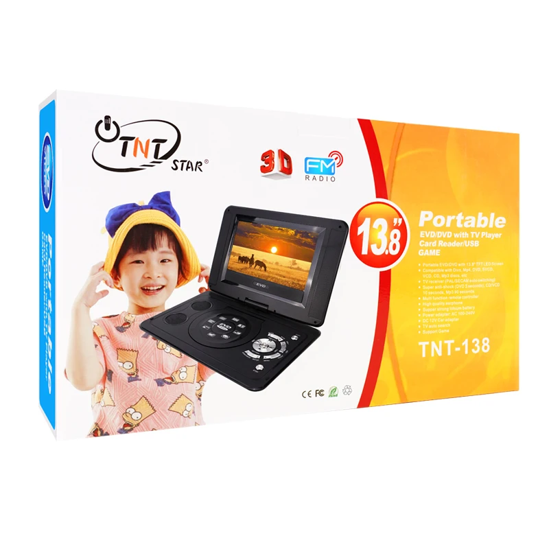  TNTSTAR TNT-138 Dvbt Dvbt2 Tv TNT298 Portable Dvd Player Selling 14.1 inches EVD With