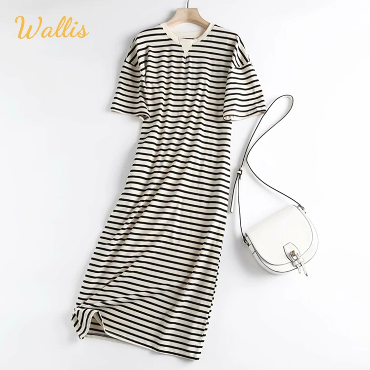 2022 высококачественная повседневная одежда Хлопковое платье миди в полоску с принтом женский сарафан коротким рукавом женская футболка платье-рубашка