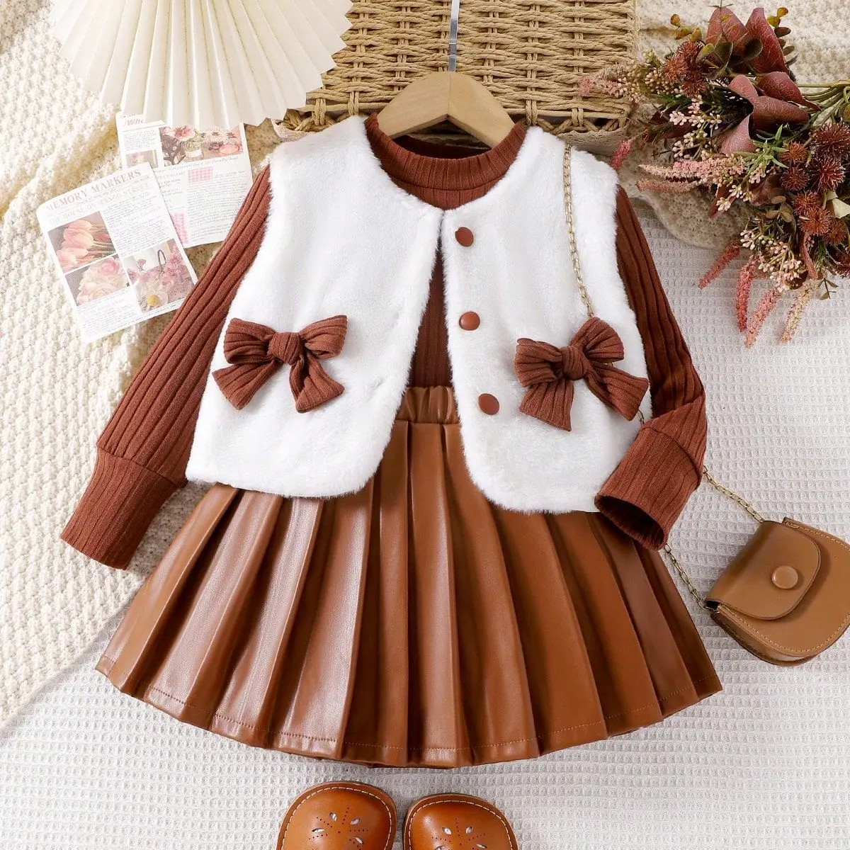 Wholesale Boutique Winter Autumn Kids 3pcs Sweater+Vest Jacket+PU Skirt Fashion Girls Clothes Sets