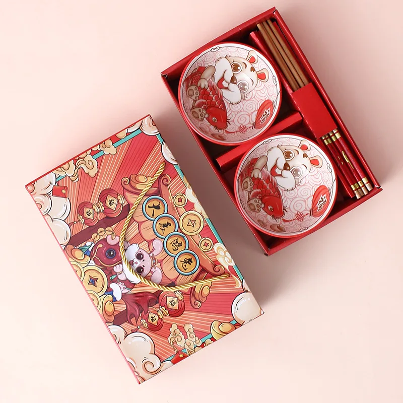 2023 Rabbit Year Ceramic Bowl Gift Set 4.5inch Rabbit Bowls with Chopsticks for Chinese New Year OEM LOGO
